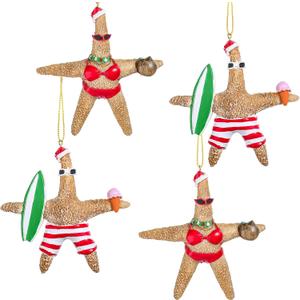 Gejoy 4 Pieces Beach Style Starfish Christmas Ornaments Couple Decorative Holiday Starfish Decor Xmas Hanging Resin Starfish Decor for Christmas Tree Party Wall Door Mantel Home Decor, 2 Styles
