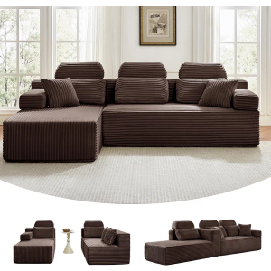 104" L Shaped Boneless Couch Sectional Sofa with Chaise & Headrest, Boneless Deep Seat Plush Corduroy Couches for Living Room, No Assembly Required (Brown, 104" L-shapred Chaise)