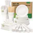 FEHHTO 400PCS Compostable Paper Plates Set, Disposable Eco-friendly Dinnerware Set, Biodegradable Heavy-Duty Paper Plates, Utensils, Cups and Straws for Party Camping 50 (White)