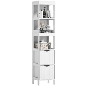 HOMCOM Narrow Bathroom Storage Cabinet, Bathroom Cabinet with 2 Drawers & 3 Open Shelves, Freestanding Slim Bathroom Floor Cabinet for Small Spaces, White