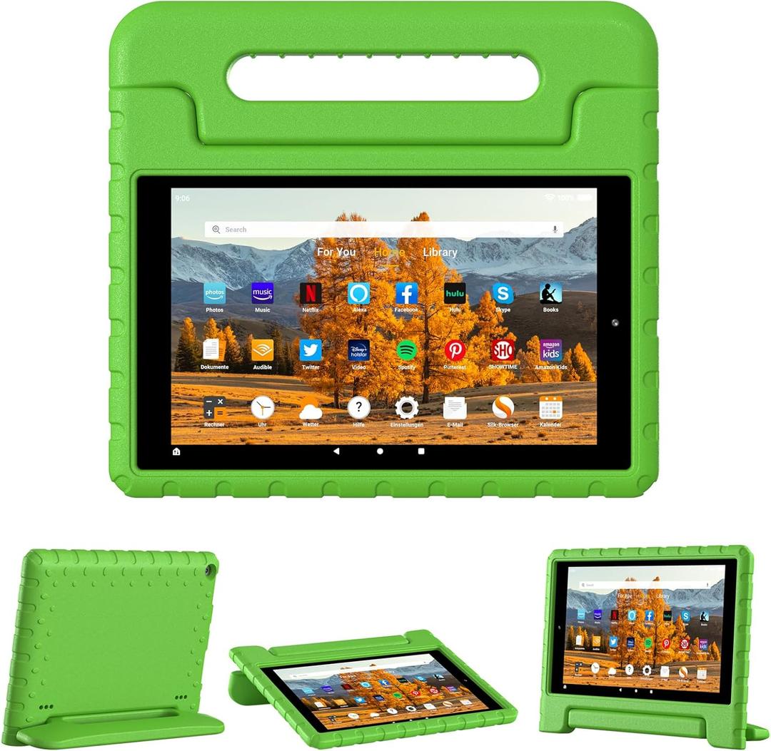 Kids Case for Amazon Kindle Fire HD 10 5th/7th/9th Generation 2015/2017/2019 Released, Shockproof Protective Tablet Cases with Adjustable Handle Stand, Green