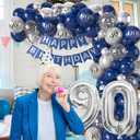 90th Birthday Decorations Navy Blue Silver,90th Balloon Garland with Number 90 Foil balloons,Happy Birthday Banner for Men Women 90 Birthday Party Decorations