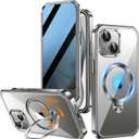 [360 Rotatable CD Stand & Built-in Privacy Screen Magnetic Case for iPhone 15 [Compatible with MagSafe & Full Signal] Mil-Grade Shockproof Full Body Anti-Spy Cover for 15-Gray (Natural Titanium)