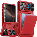 SSLOTSCASE for iPhone 16 Pro Case with Kickstand & Card Holder & Slide Camera Lens Cover, Multifunctional FullBody Rugged Protective Phone Case Cover for iPhone 16 Pro 6.3'' 5G 2024, Red