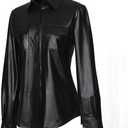 Sorrica Womens Sexy Shiny Metallic PU Faux Leather Nightclub Styles Long Sleeves Button Down Shirts Top (Large, Black)