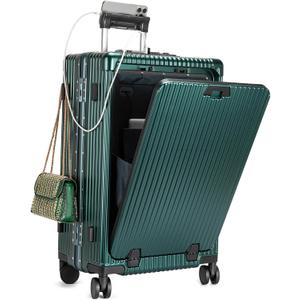 feilario PC Hardside Carry On Luggage, Aluminum Frame, TSA Lock, Cup Holder | USB port, phone holder and spinner wheels keep essentials reachable for airport and business trips (A-Forest Green (zipperless closure) 22.5")