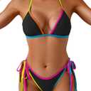 Eomenie Sexy Bikini Sets for Women Halter Triangle Top Two Piece Swimsuit Tie Side Bathing Suit Color Block Swimwear (Black)
