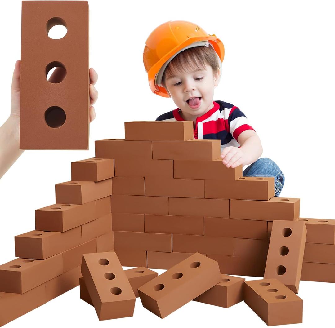 Deekin 30 Pcs Foam Brick Building Blocks for Kids Thick Blocks Foam Large Fake Brick Construction Toy for Stacking Construction, 8 x 4 x 2.4 in(Circle Holes)