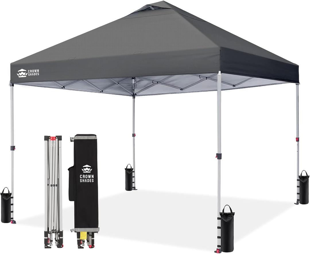 CROWN SHADES 10x10 Pop Up Canopy - Beach Tent with One Push Setup - Easy Outdoor Sun Shade Shelter for Events, Parties - Gazebo with STO-N-Go Cover Bag, Silver Coated Top, Grid Grey