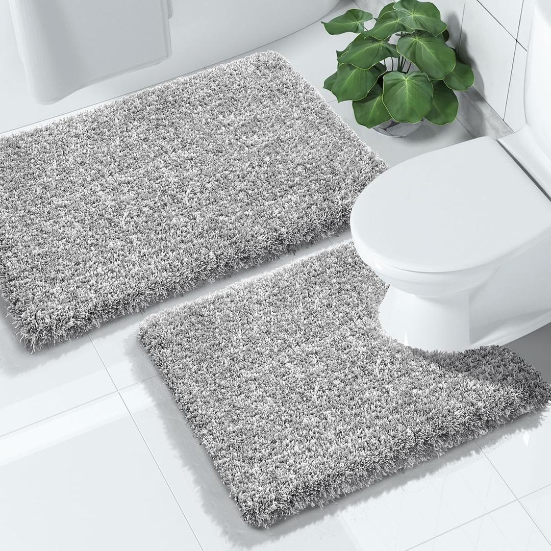 Yimobra Bathroom Rugs Sets 2 Piece, Soft Absorbent Bath Mat and U-Shaped Toilet Rug with Non Slip Backing, Machine Washable, Plush Shaggy Bath Mats for Bathroom, 32"x20"+24"x20", Light Gray and White