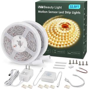 MY BEAUTY LIGHT Motion Activated LED Strip Lights, 32.8ft LED Light Strip with Day or Night 2 Lighting Modes,3 Timing Off Modes, Warm White 12v Plug-in LED Rope Lights for Under Cabinet, Kitchen, Stair