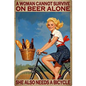 2 x Metal Tin Signs for Women Who Like To Drink And Bike Decorative Posters Wall Art Adorable Cheerful Plaque Sign Rustic Decor Indoor Outdoor Accent Farmhouse Home Cafes Office Store Pubs Club 8x12 inch