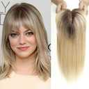 HAIRCUBE Human Hair Toppers For Women, 100% Remy Topper With Bangs, 150% Density Silk Base Clip In Topper 14 inch 40g - Ombre Light Blonde