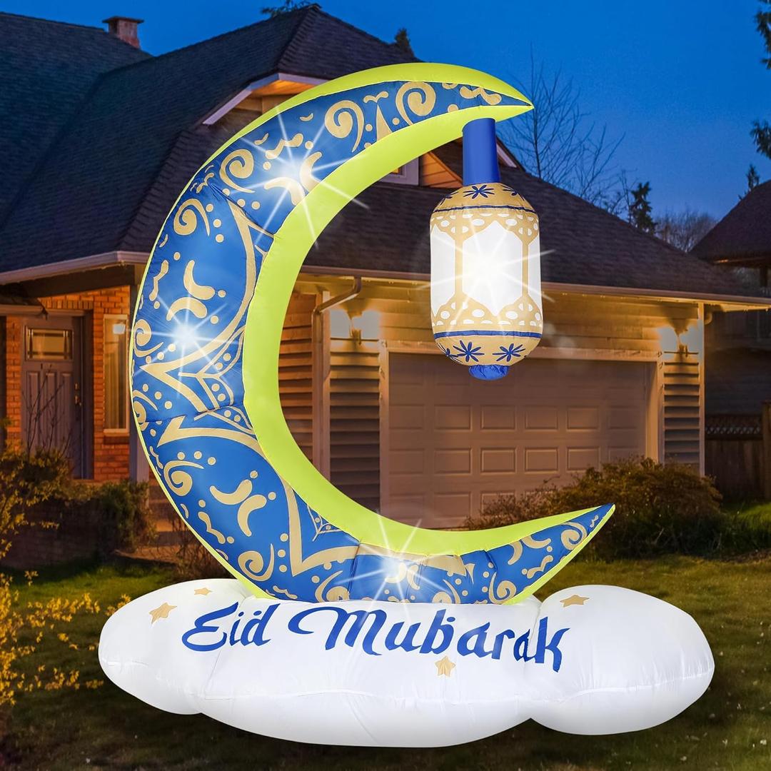 7 Ft Lighted Inflatable Ramadan Eid Mubarak Moon Decoration Blow up Islamic Holy Celebration Decor with LED Lights Islamic Moon Wishing Kareem Muslim Holidays for Outdoor Yard Garden Decor