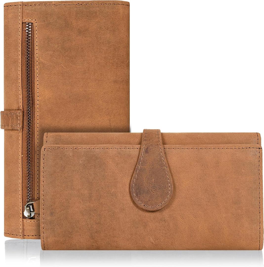 Real Leather Women Wallet Leather with RFID Blocking -Trifold Card Holder Designer Ladies Clutch with ID Window Wallets (Cognac)
