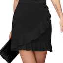 Missufe Women's Summer Casual Wrap Ruffle Hem High Waist Stretch Solid Mini Short Skirt (Black, X-Small)