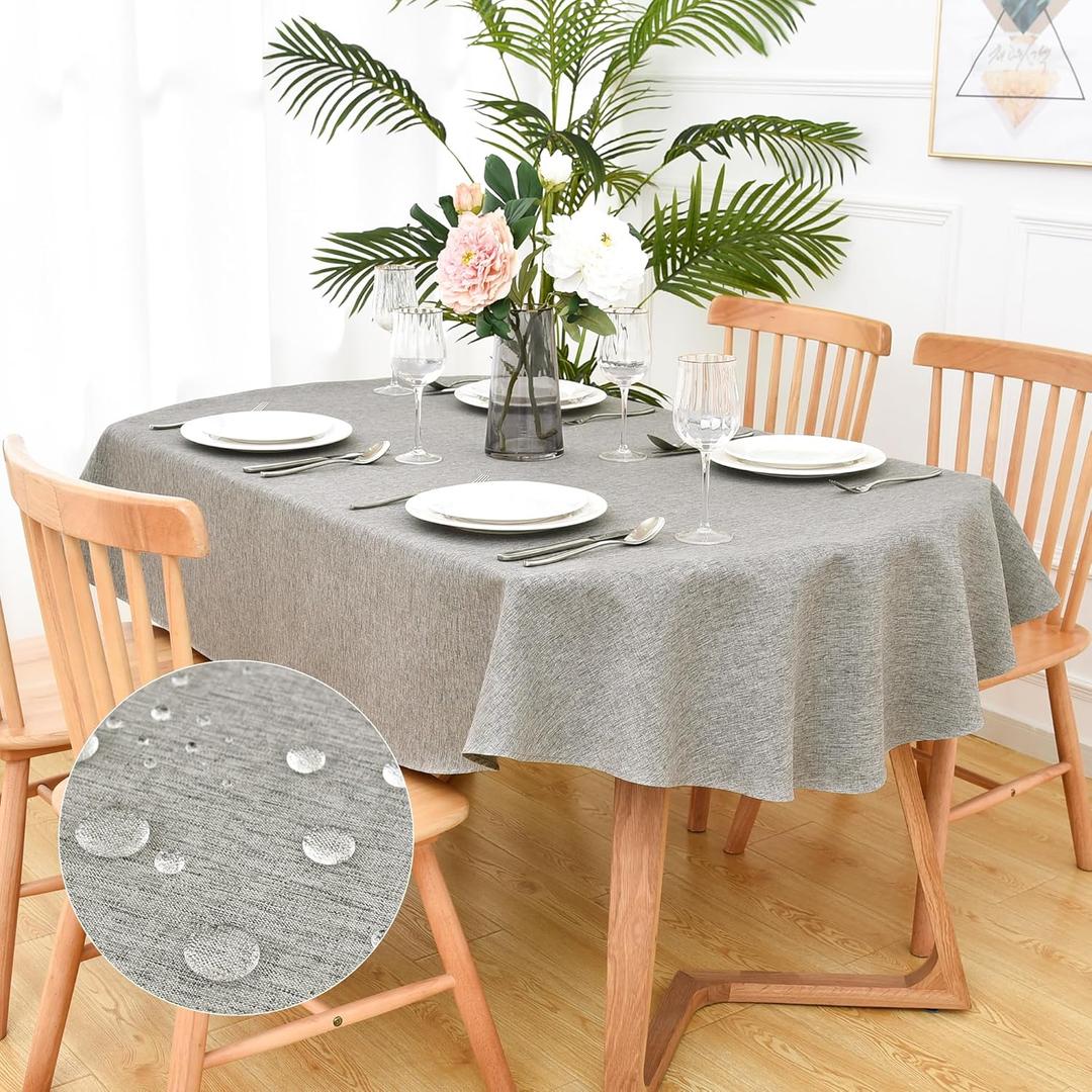 Faux Linen Oval Tablecloth Farmhouse Waterproof Grey Table Cloth Washable Table Cover for Indoor Outdoor Home Kitchen Dinning Room Banquet 60 x 84 Inch