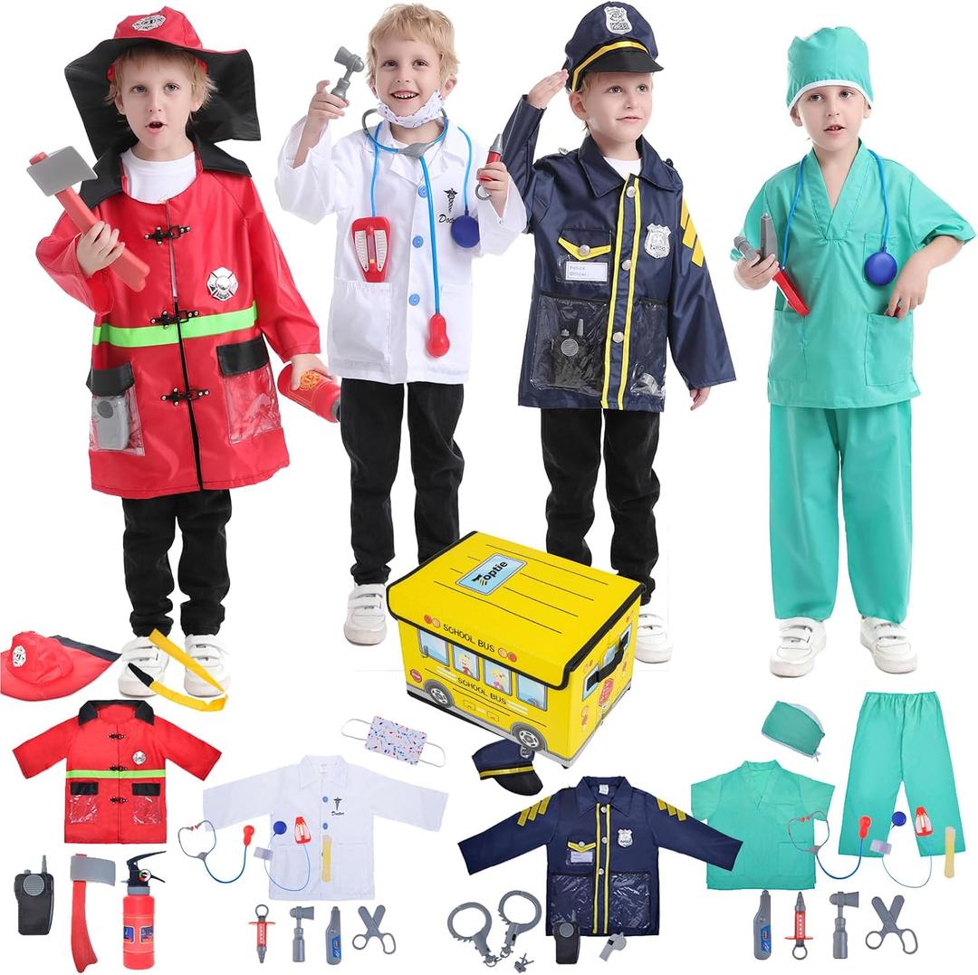 TopTie 4 Sets Kids Costumes w/Gift Box for Age 3-7, Halloween Children Dress Up Uniforms Fireman Doctor Police Surgeon