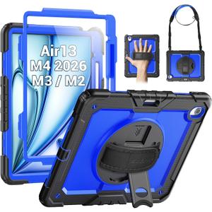SEYMAC for iPad Air 13 Inch Case M4 / M3 / M2 (2026/2025 / 2024), Heavy Duty Shockproof Protective Case with Screen Protector, 360 Rotating Stand, Hand/Shoulder Strap and Pen Holder, Blue