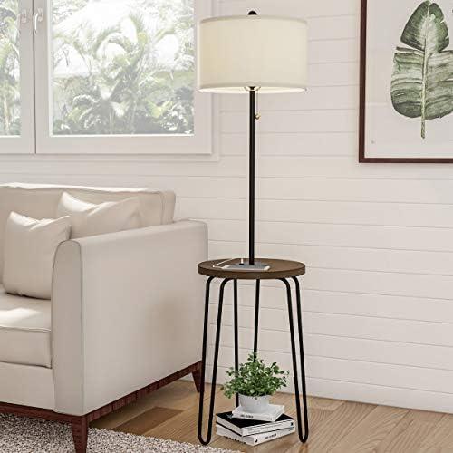 Floor Lamp with Table - Mid-Century Modern Nightstand or Side Table with USB Port and Hairpin Legs - Standing Light with Shelves by Lavish Home