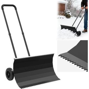 Snow Shovel with Wheels for Driveway, Combined Snow and Ice Removal Design, Angle Adjustable Blade & Handle Snow Pusher Shovel,Efficient Snow Plow for Pavement