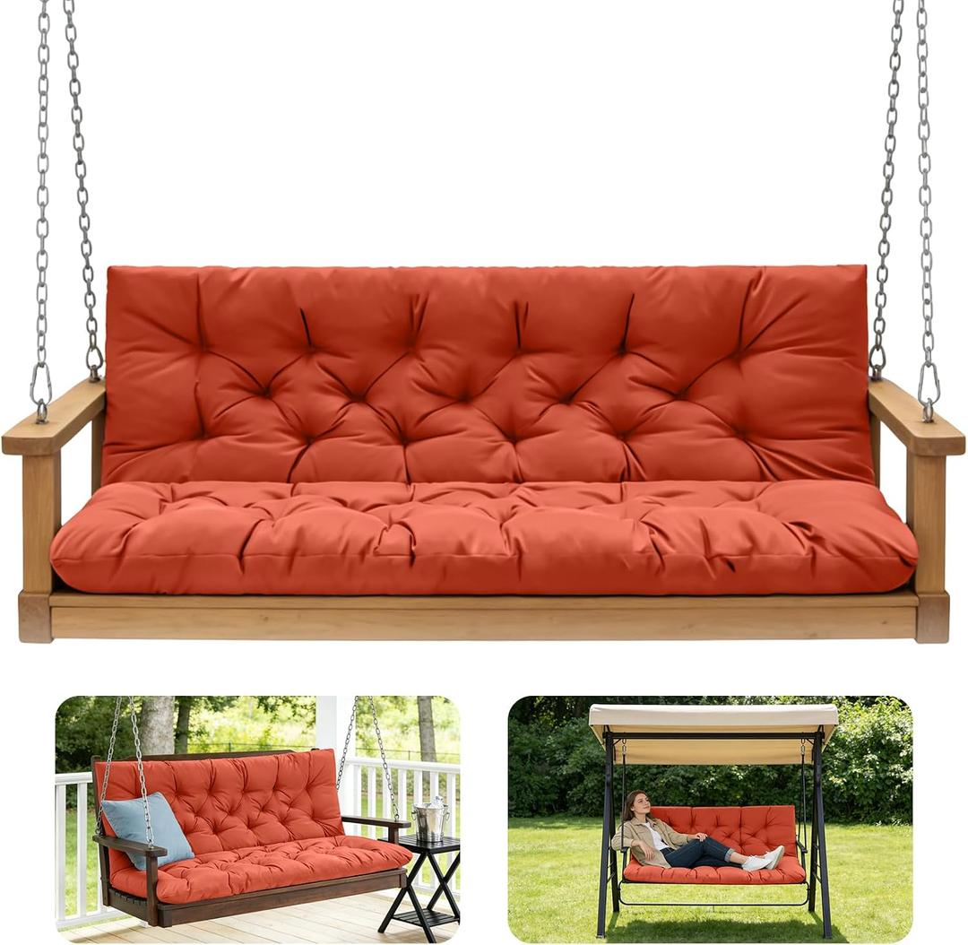 Porch Swing Cushions,Outdoor Cushions 3 Seater Replacement with Backrest, Waterproof Thickened Bench Cushion with Ties for Porch, Patio,Outdoor, Backyard and Garden (Orange 60 * 40 in)