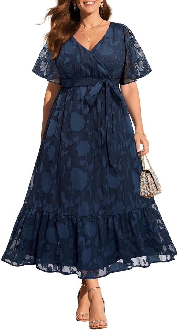 Pinup Fashion Plus Size Dresses for Wedding Guest - 2025 Cocktail Semi Formal Summer Wrap V Neck Maxi Dress, Size: 22 Plus