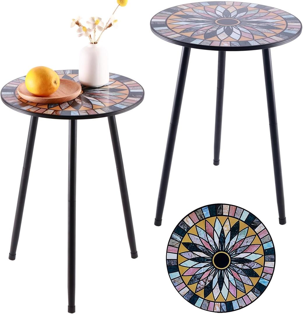 Party Zealot Metal Mosaic Round Side Tables Set of Two 13.4" Small Outdoor Patio Round Accent Coffee Tables Indoor Corner Stand for Small Spaces Weather-Resistant for Balcony Plant Stand (Brown Mixed Yellow)