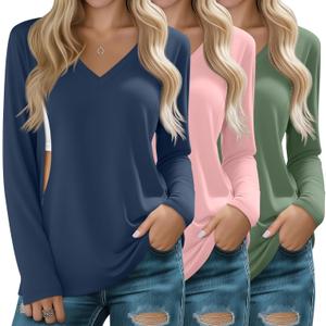 Huukeay 3 Pack Women's Long Sleeve Nursing Tops, Breastfeeding Hidden Zippers Shirts V Neck Maternity Pregnancy Tees Clothes (Size L)