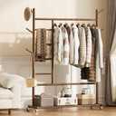 Yoobure Solid Wood Clothing Rack - Rolling Clothes Rack with Wheels, 4-in-1 Coat Rack with Pants Rack & Shelf, Freestanding Clothing Racks for Hanging Clothes, Garment Rack for Closet Bedroom Entryway