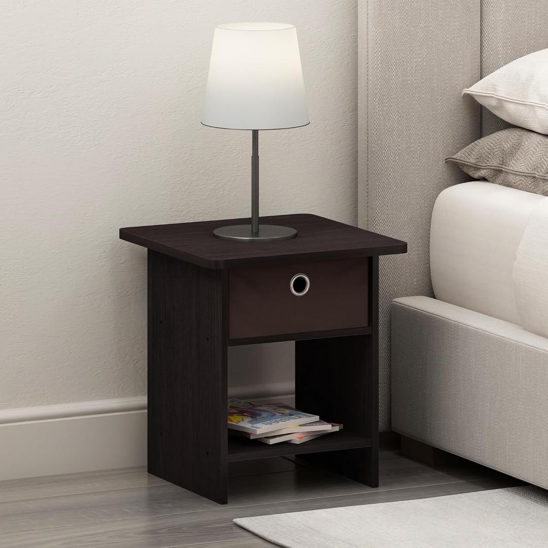 Furinno Dario Side Table with Bin Drawer, Black End Table with Open Shelves, Night Stand, Bedside Table for Living Room, Bedroom, Home Office, Dark Mocha