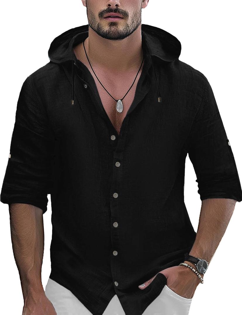Mens Linen Shirts Casual Button Down Shirts Long Sleeve Roll-Up Sleeve Summer Beach Shirts Tops with Hood (XX-Large, Black)