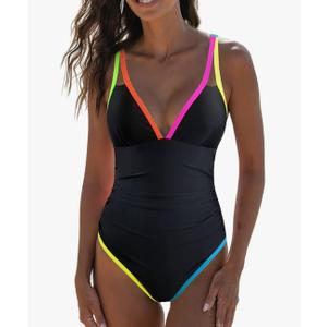 popvil Women's One Piece 2025 Tummy Control Swimsuits Neon Color Block Swimwear Deep V Neck Slimming Bathing Suit Large
