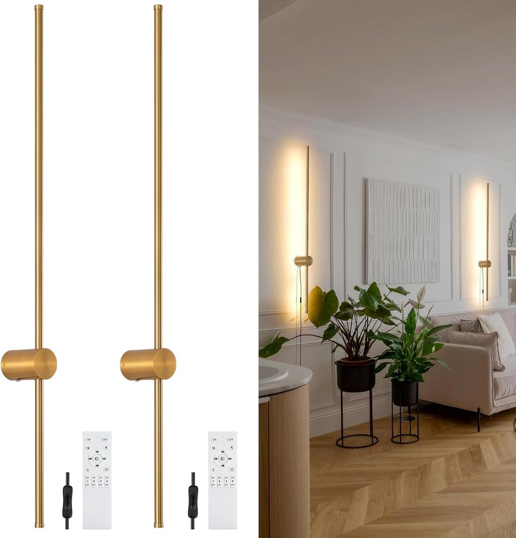 Dimmable Plug in Wall Sconce Set of 2, Gold 39.37" LED Wall Light with Remote, Adjustable Color Temperature Brightness Wall lamp with Timer for Living Room,Bedroom and Accent Lighting
