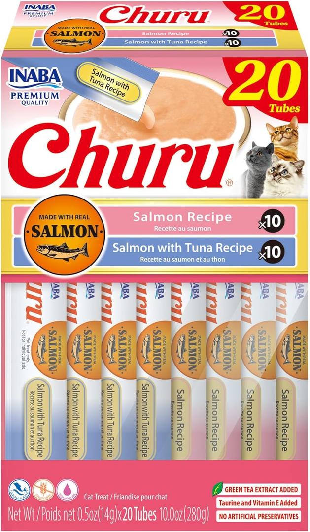 INABA Salmon Churu Cat Treats, Lickable, Squeezable Creamy Pure Cat Treat with Green Tea Extract & Taurine, 0.5 Ounces Each Tube, 20 Tubes, Salmon & Tuna Variety Box (1 Count (Pack of 20))