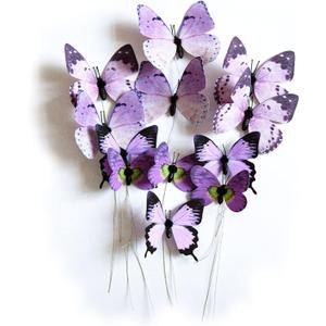 naudassods 12 Pack Butterfly Decorations, DIY 3D Butterfly Stakes Decor, 2 Sizes of Butterfly Ornament for Home Fake Flower Floral Supplies Tea Party Wedding Easter Christmas Spring Fall (Purple1)
