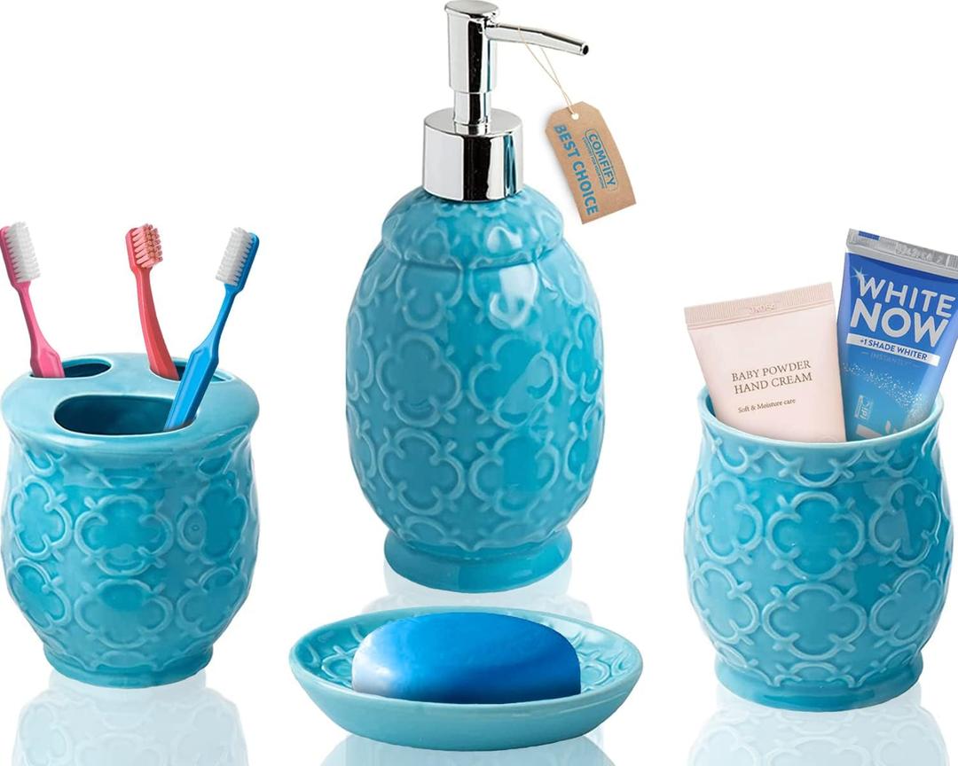 Comfify 4-Piece Bathroom Accessory Set - Ceramic Bath Set with Blue Glossy Finish - Modern Vanity Accessories Including Soap Dish, Tumbler, and Toothbrush Holder