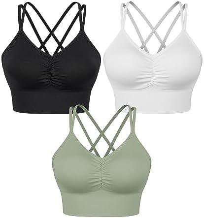 VEQKING Women Strappy Sports Bra Cross Back Medium Supports Seamless Removable Padded Yoga Bra for Workout Fitness 2  Pack, M