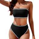 YACUN Women's High Waisted Bikini Swimsuit Two Piece Strapless Bandeau Cheeky Bathing Suits Black Shell L