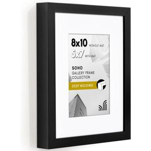 Americanflat 8x10 Picture Frame with Shatter-Resistant Glass - Use as 5x7 Frame with Mat or Display 8x10 Photo Without Mat - Soho Collection - Deep Molding Picture Frames for Tabletop or Wall - Black