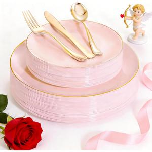 YOUBET 125PCS Pink Plastic Plates - Pink Disposable Plates With Gold Rim - Pinks and Gold Plates Include 25 Dinner Plates, 25 Dessert Plate, 75 Cutlery for Party Wedding Birthday Valentines Day