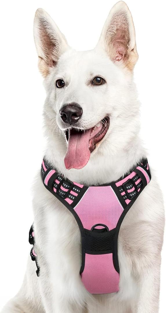 Eagloo Dog Harness for Large Dogs, No Pull Service Vest with Reflective Strips and Control Handle, Adjustable and Comfortable for Walking, No Choke Pet Harness with 2 Metal Rings, Pink, XL