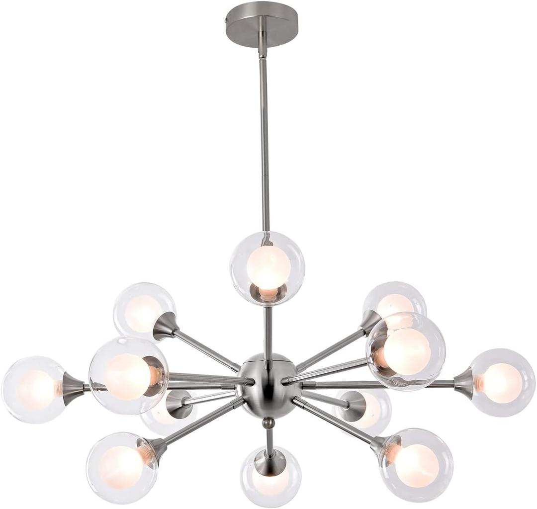 12 Lights Sputnik Chandelier Brushed Nickel Dining Room Lighting Fixtures Ceiling Hanging Modern Bubble Glass Ball Pendant Light Fixtures for Living Room Bedroom