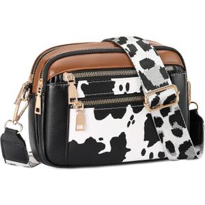 GAEKEAO Small Crossbody Bags For Women Vegan Leather Trendy Purses Shoulder Handbags Travel with Adjustable Wide Strap (9928- Cow Print Black)