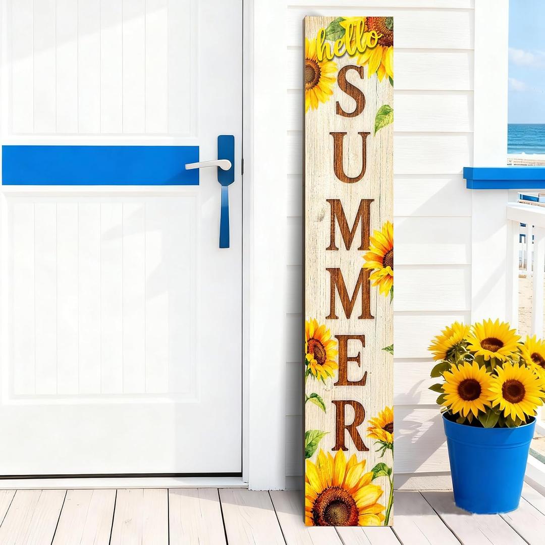 Hello Summer wooden porch sign Vertical hanging decorations Welcome sign front door standing Decorative sign 47x7.8Inch Sunflower pattern Suitable for Outside Decor