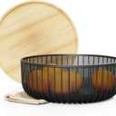Metal Wire Mesh Fruit Basket with Wooden Lid - Fly-Proof Indoor Solution for Fresh Fruits - Covered Fruit Bowl with Lid - Produce Cover Against Flies for Vegetables - Black