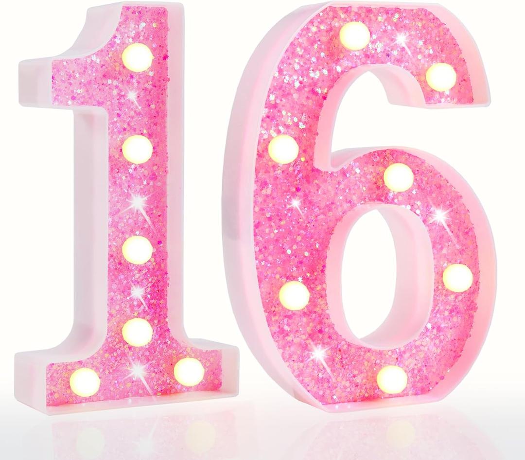 Pooqla 16th Birthday Decorations for Girls, Pink Light Up Numbers for Sweet 16th Birthday, Gift for Girls Party Table Decoration Backdrop Wall Decor for Wedding Anniversary Decor (Warm White)