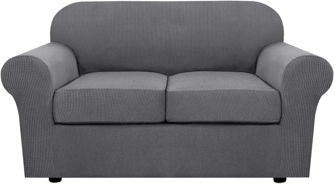 H.VERSAILTEX 3 Piece Stretch Sofa Covers for 2 Cushion Loveseat Couch Covers for Living Room Furniture Cover (Base Cover Plus 2 Seat Cushion Covers) Thicker Jacquard Fabric(Medium Sofa, Grey)