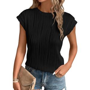 PRETTYGARDEN Blouses for Women Dressy Casual 2025 Spring Summer Business Office Tops Cap Sleeve Textured Cute Work Shirt (Large, Black)