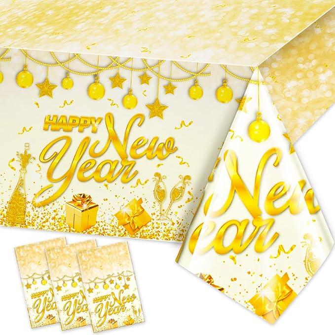 HOWAF 3pcs New Year Tablecloth, White Gold NYE Decoration Table Cloth for Happy New Year Eve Birthday Party Supplies Rectangular Plastic Table Cover Gold 2026 NYE Theme Favors, 108 x 54”